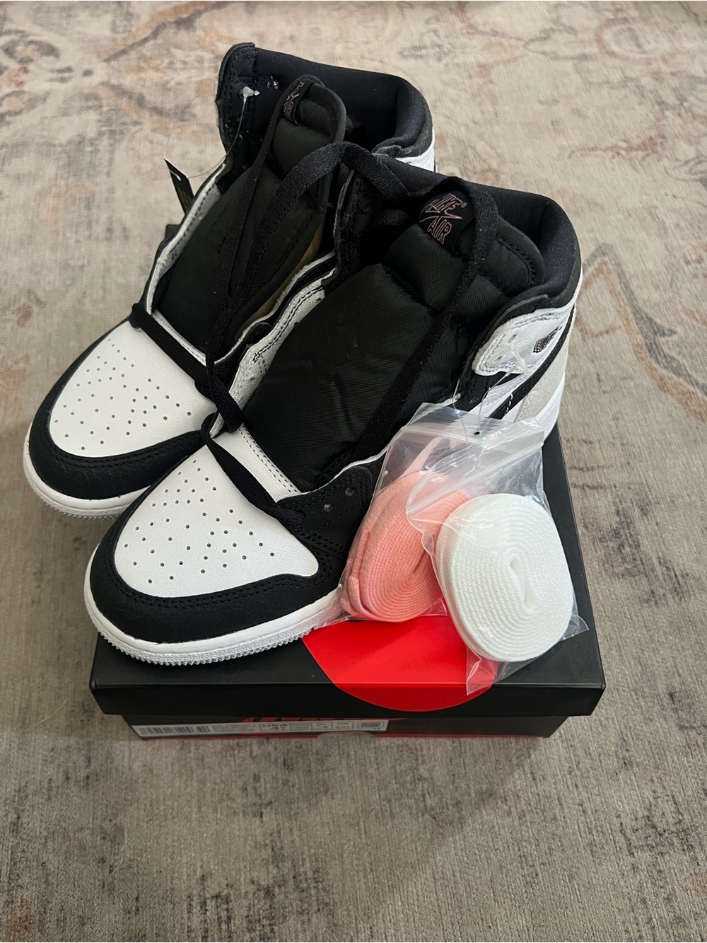 Black and White and Grey Jordan 1 High-Top Sneakers with Extra Laces 4.5Y